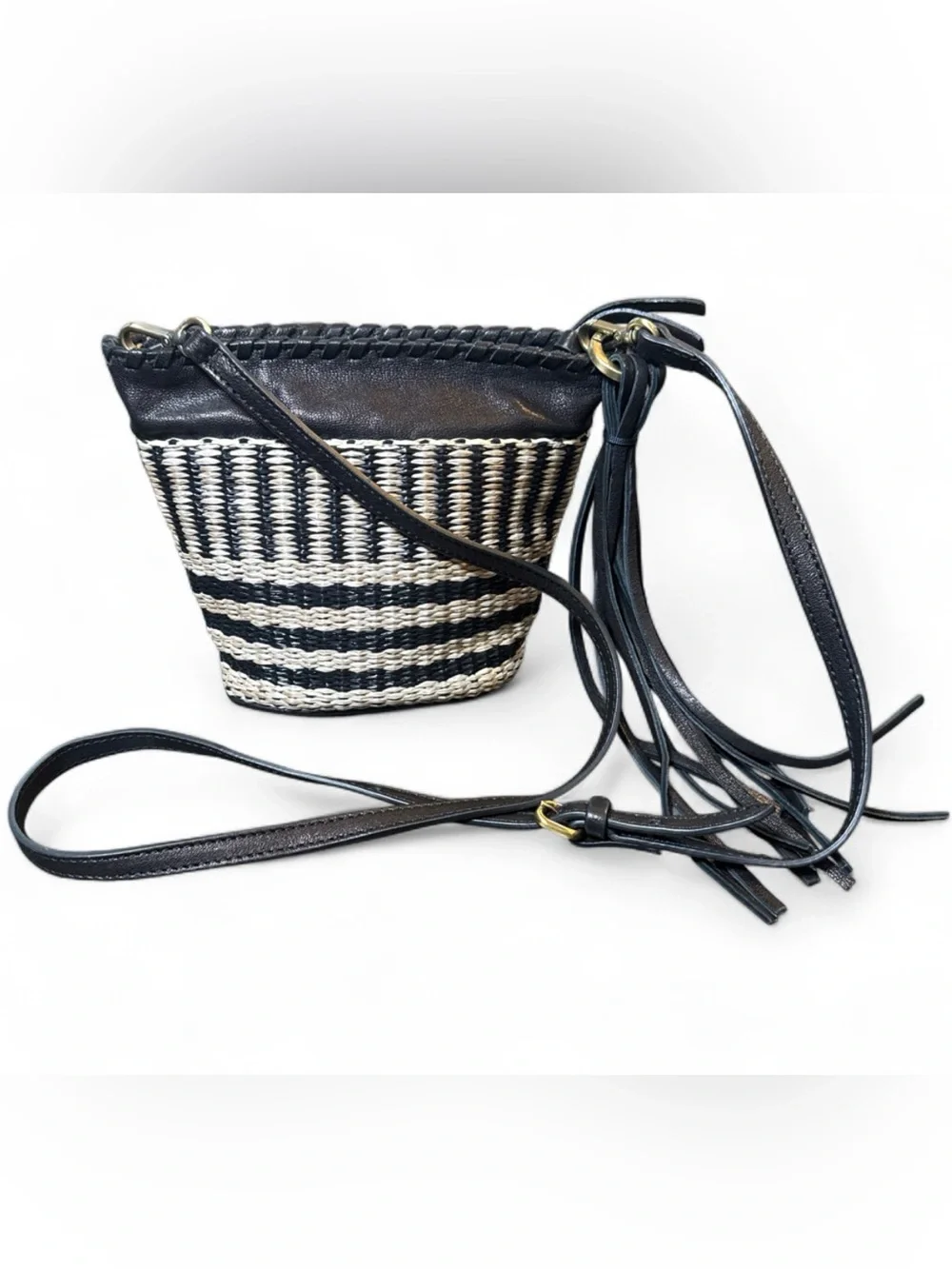 Johnny Was Banda Crochet Bucket Leather Raffia Woven Tassel Boho Western Bag